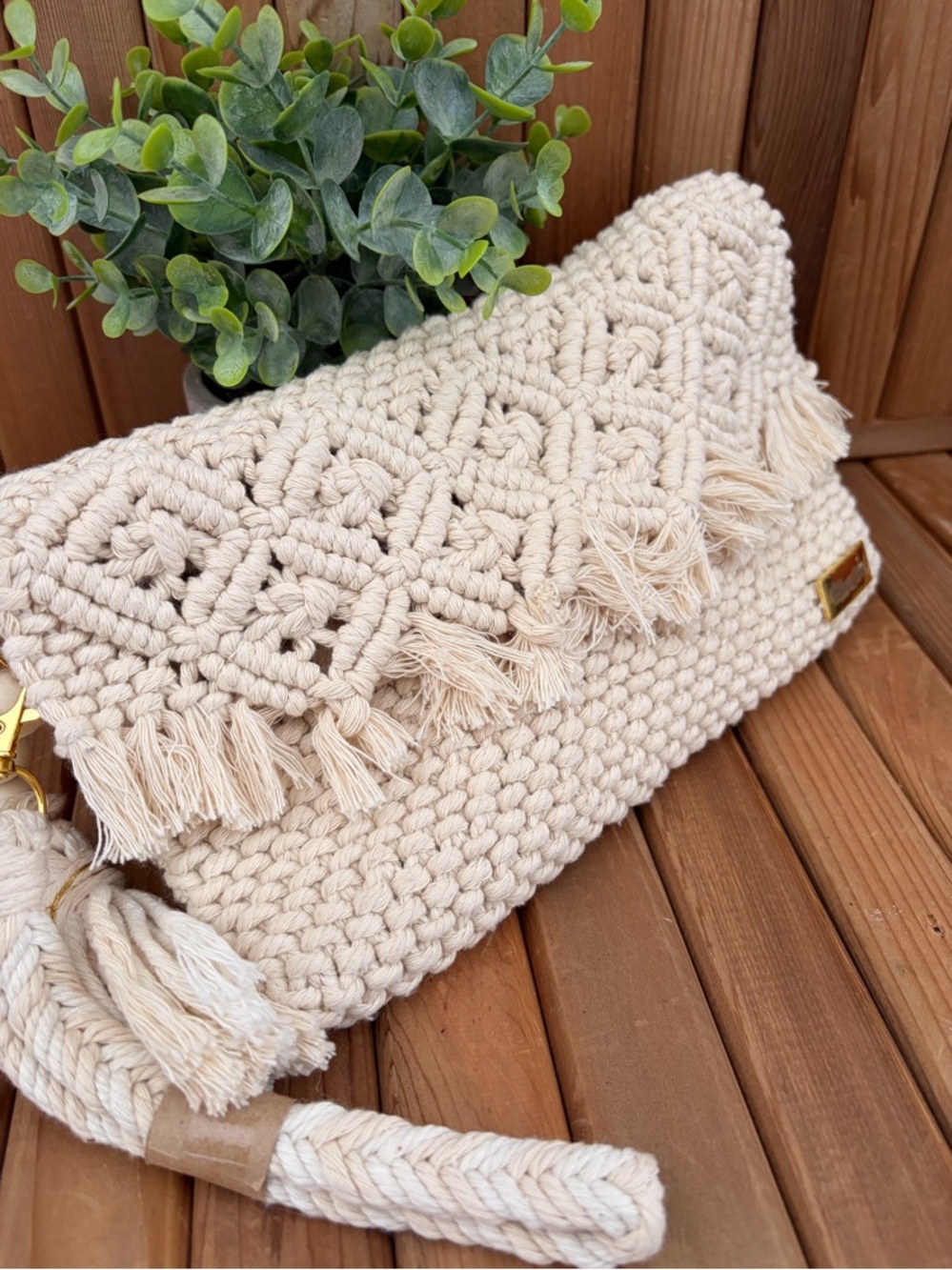 Boho Macrame Clutch Cream Tassel Fringe Woven Crossbody Handmade Style - Picture 4 of 10
